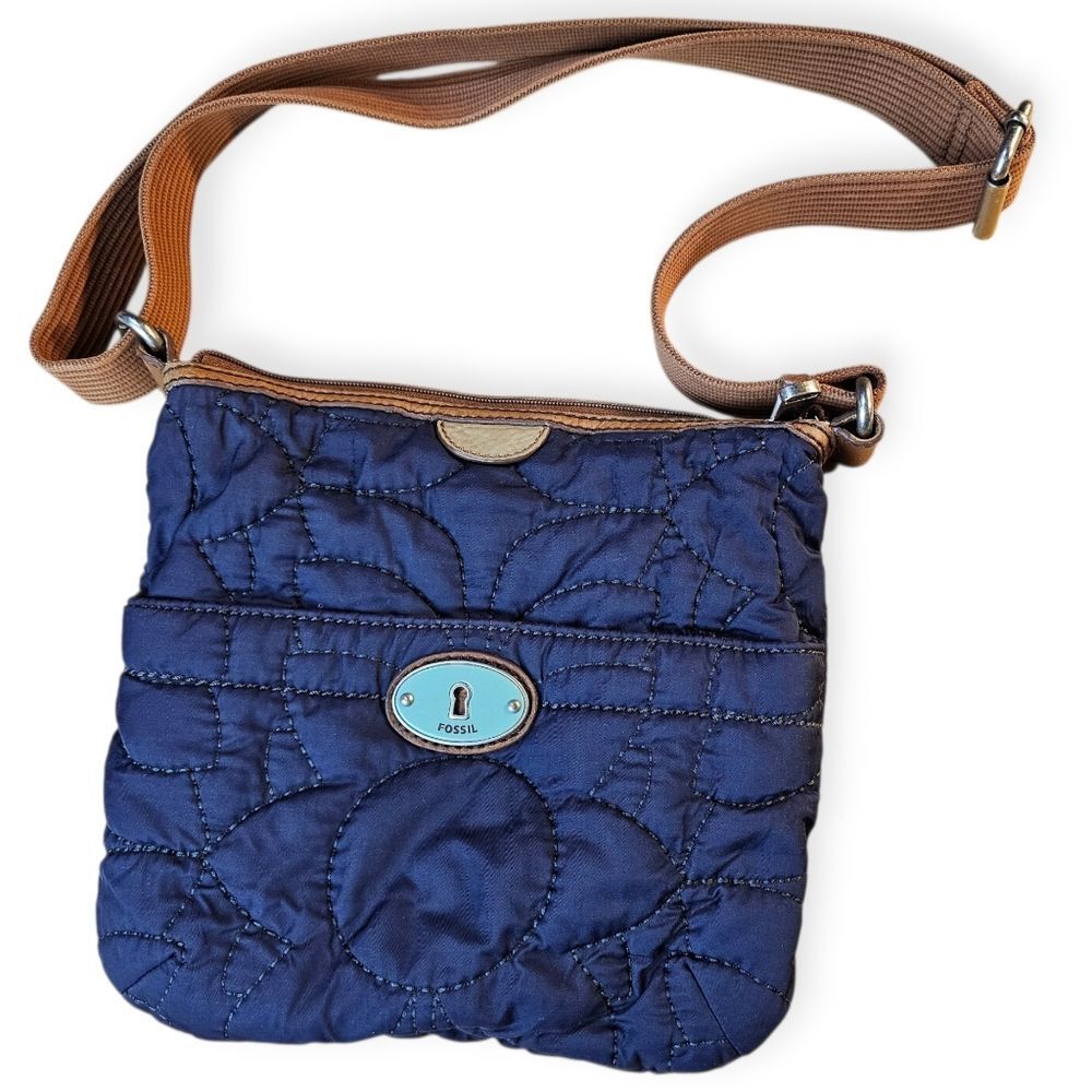 👜 Fossil Key-Per Crossbody Bag | Blue Brown | Leather Trim